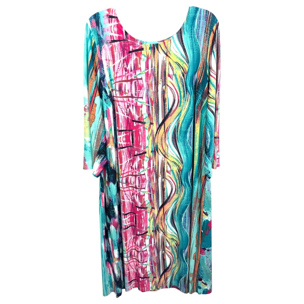 Robbie Bee Plus Size 3X Midi Dress Abstract Watercolor Casual Shift 1364‎